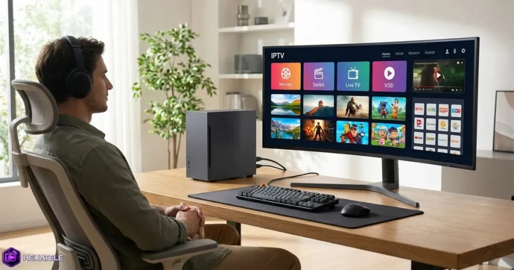Installer IPTV sur PC dans un environnement Windows moderne avec une interface IPTV réaliste.