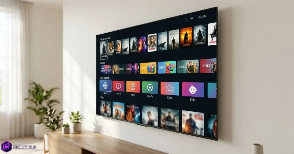 smart tv iptv affichant des chaînes en direct dans un intérieur moderne