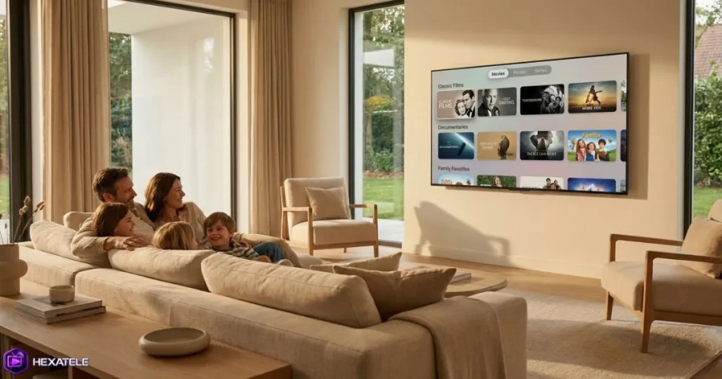 Interface d'un abonnement IPTV moderne affichée sur une Smart TV.