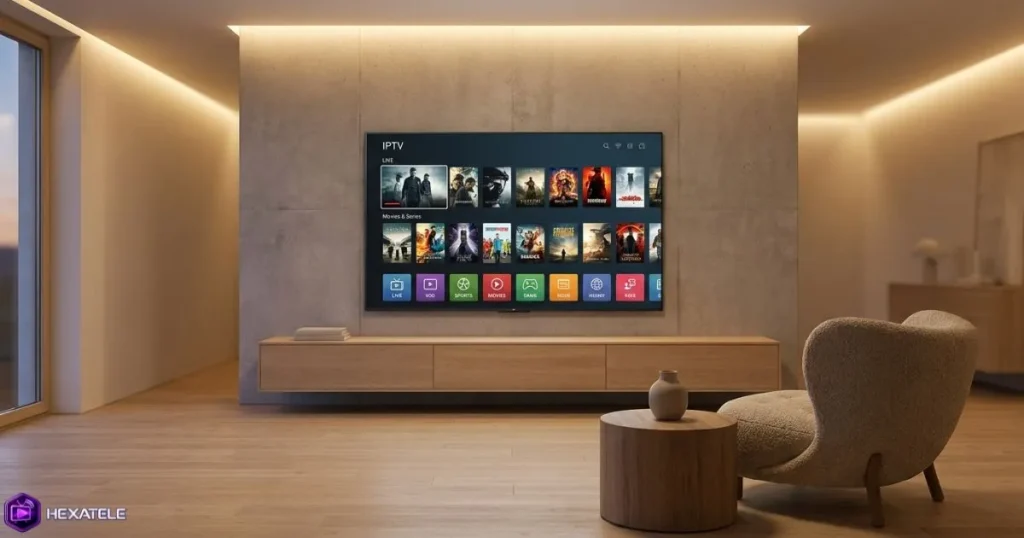 Service IPTV Suisse diffusé en 4K sur grand écran dans un intérieur contemporain