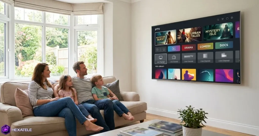 Meilleur IPTV premium utilisé sur une Smart TV dans un salon familial moderne.