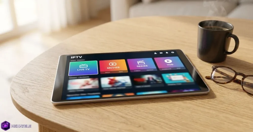 Interface d'une application IPTV affichant des chaînes et catégories sur tablette