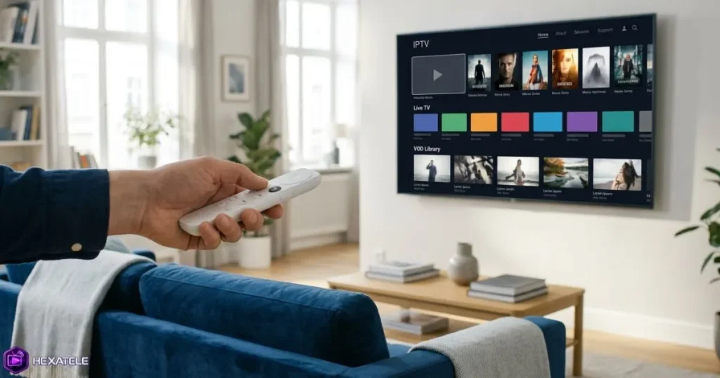 IPTV Apple TV contrôlée avec une télécommande dans un salon premium