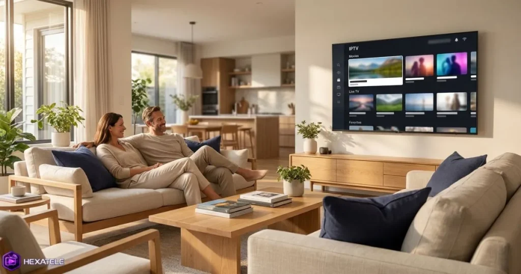 Interface IPTVX sur Apple TV avec contenus TV et VOD organisés