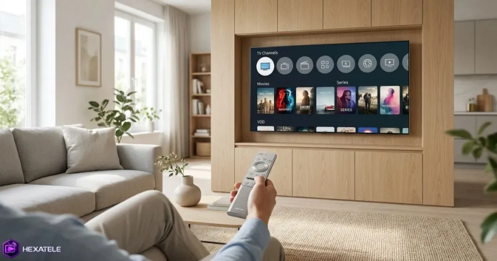 Installation IPTV sur Smart TV Samsung dans un salon moderne.