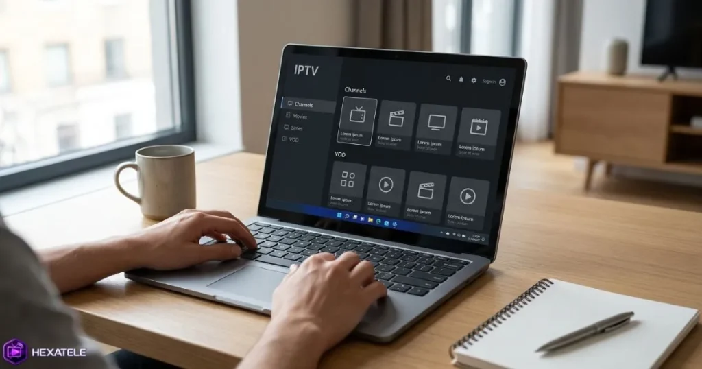 VLC IPTV configuré sur un ordinateur Windows avec une interface IPTV moderne parfaitement affichée.