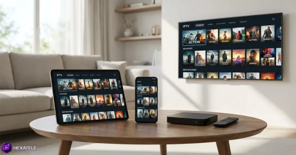 Activation IPTV sur plusieurs appareils connectés affichant la même interface d'abonnement