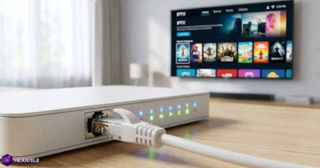 Câble Ethernet branché sur un routeur pour obtenir une IPTV fluide et sans coupure