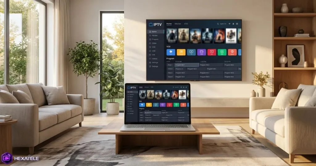 IPTV Smarters Pro PC affiché sur un ordinateur Windows avec une interface IPTV moderne et un guide de programmes réaliste.