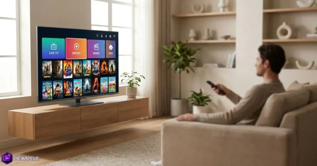 Regarder l'IPTV en qualité 4K sur une Smart TV dans un salon moderne