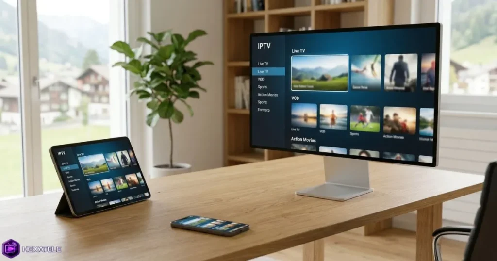 IPTV premium Suisse sur plusieurs appareils connectés dans un bureau à domicile moderne