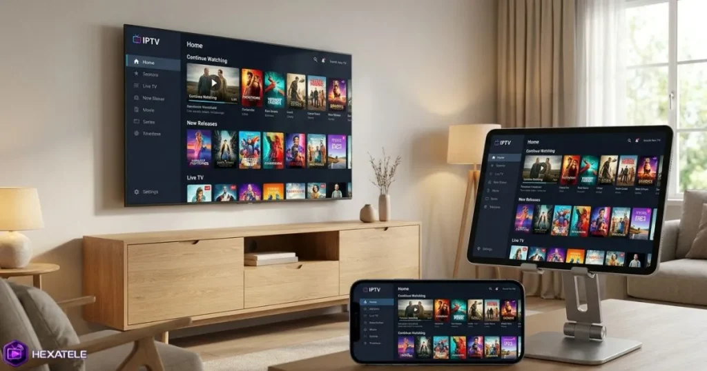 Plusieurs appareils compatibles affichant une interface de streaming IPTV haute qualité