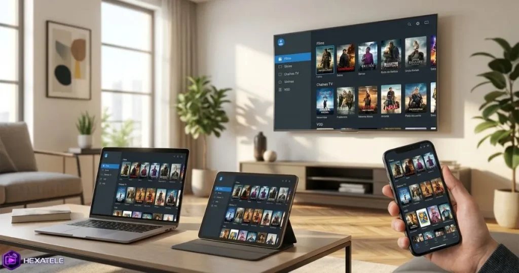 IPTV multi appareils avec abonnement IPTV premium sur Smart TV, tablette et ordinateur.