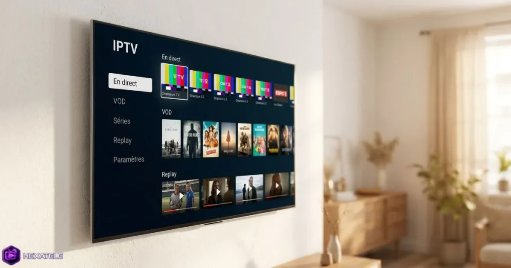 Interface d'une application IPTV Smart TV affichant des chaînes en direct et du contenu VOD