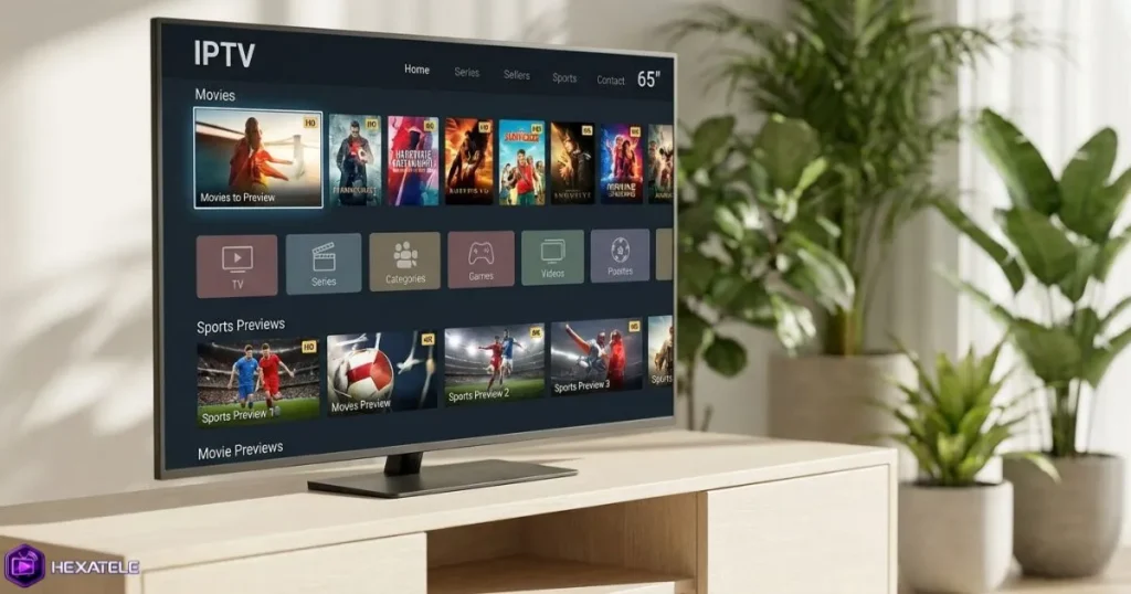 Interface IPTV HD et 4K sur un écran de salon avec catalogue de chaînes françaises et internationales