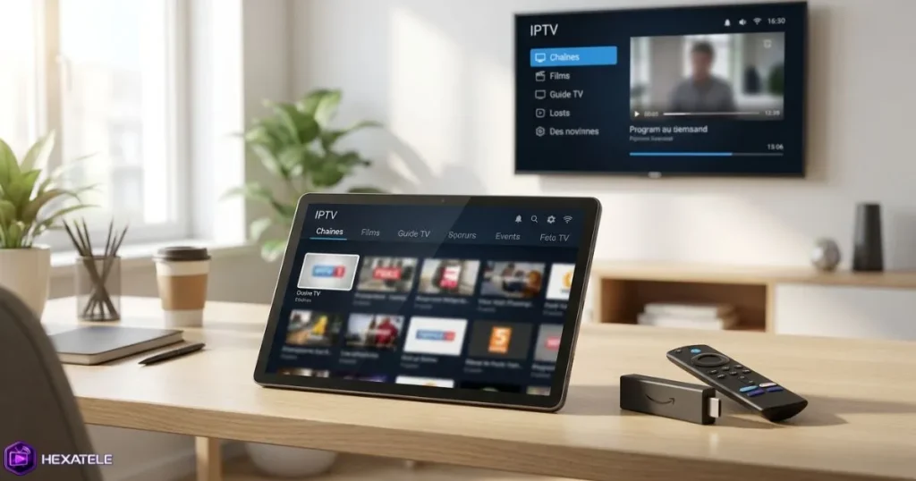 TiviMate sur une tablette Android et un Fire TV Stick connecté à une Smart TV