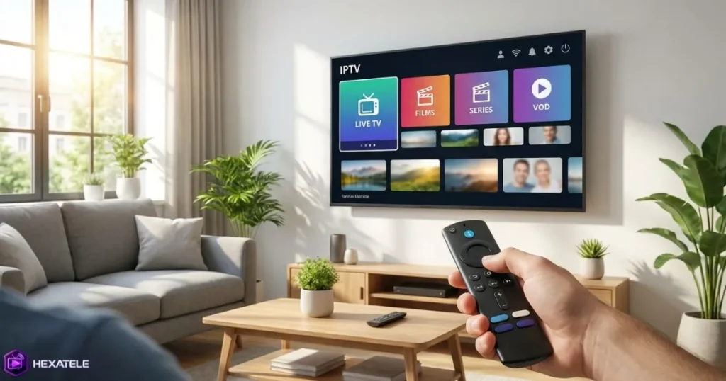 Installer IPTV Fire Stick avec une interface IPTV moderne sur une Smart TV.