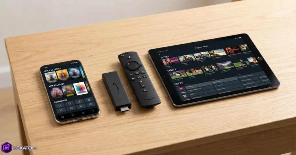 Comparaison d'appareils compatibles IPTV Android Fire Stick et Smart TV sur une table de bureau