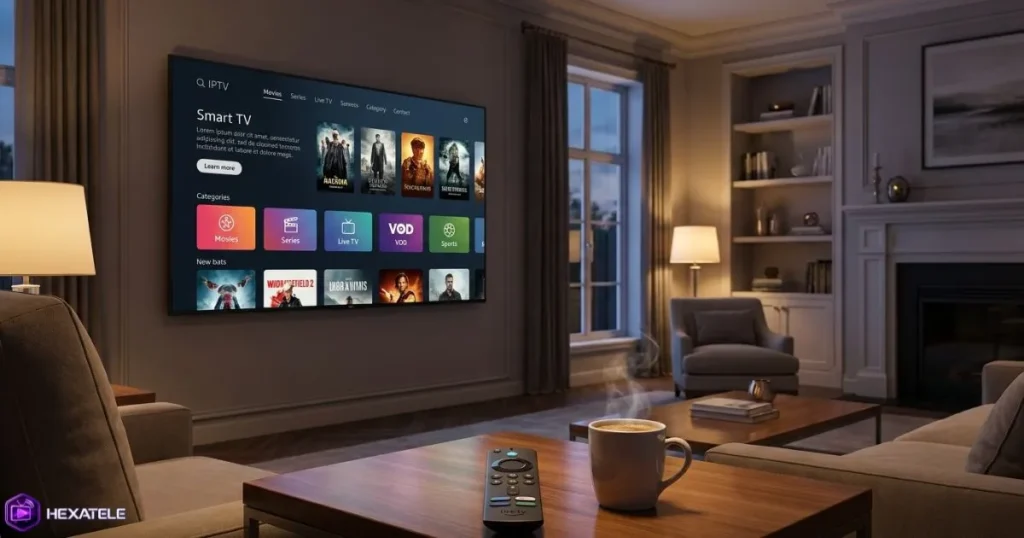 IPTV Smarters Fire Stick avec une interface IPTV moderne affichée sur une télévision.