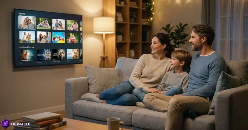 Famille profitant des abonnements iptv sans coupure sur Smart TV dans un salon confortable