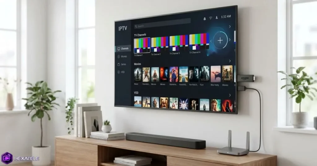 Applications IPTV Fire Stick utilisées avec une connexion Wi-Fi stable dans un salon moderne.