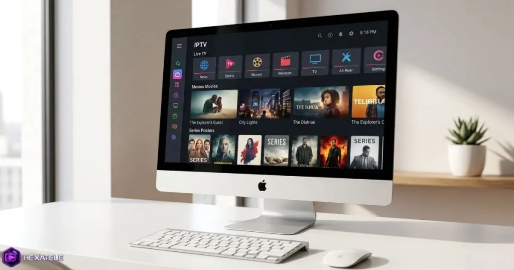 Interface lecteur IPTV sur iMac avec affichage des chaînes en direct