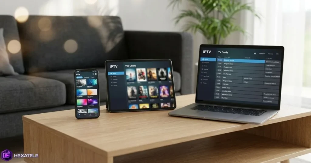 Lecteur IPTV gratuit affiché sur plusieurs appareils dans un environnement moderne