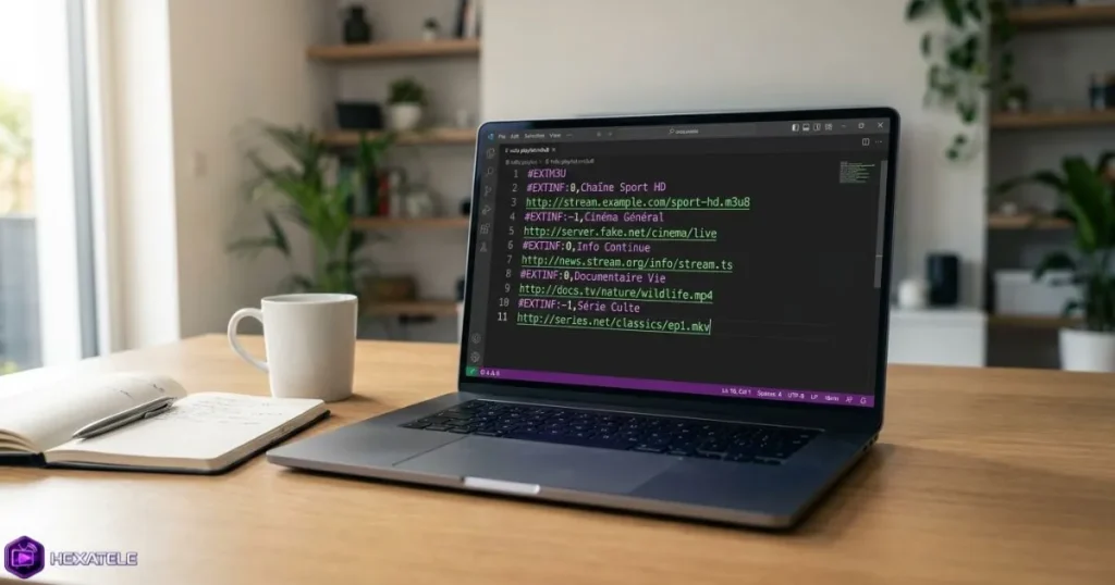 Fichier M3U ouvert dans un éditeur de code sur ordinateur portable moderne