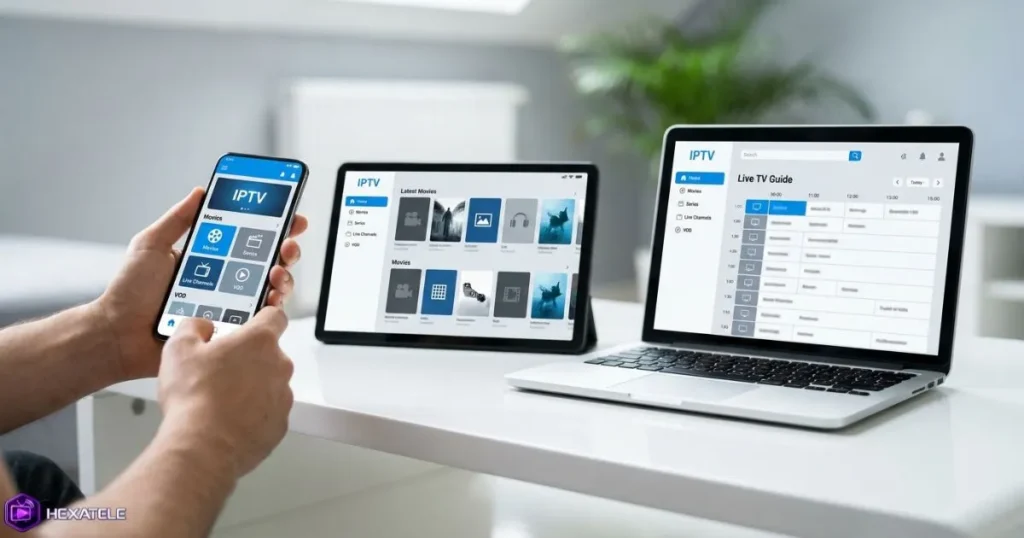 Interface d'une application IPTV affichant un code gratuit sur plusieurs appareils connectés