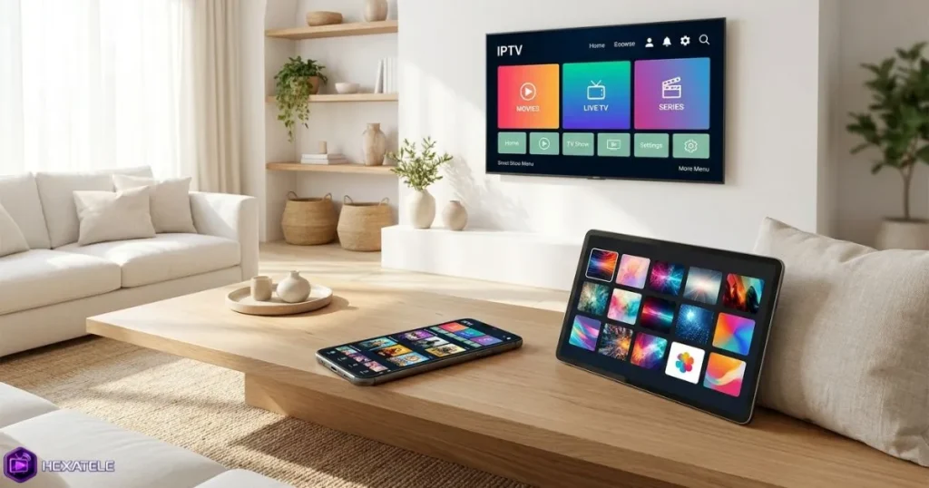 Abonnement IPTV accessible sur plusieurs appareils connectés dans un foyer moderne