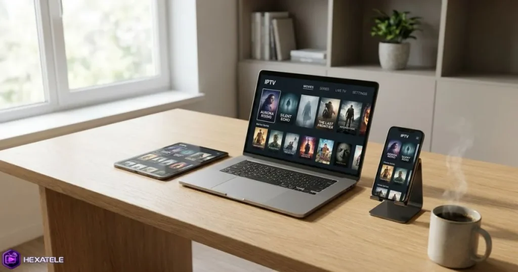 Interface d'un abonnement premium IPTV affichée sur plusieurs appareils connectés