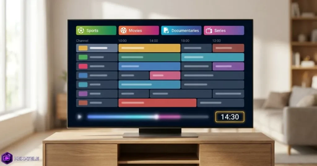 Guide électronique des programmes EPG IPTV affiché sur un écran de télévision