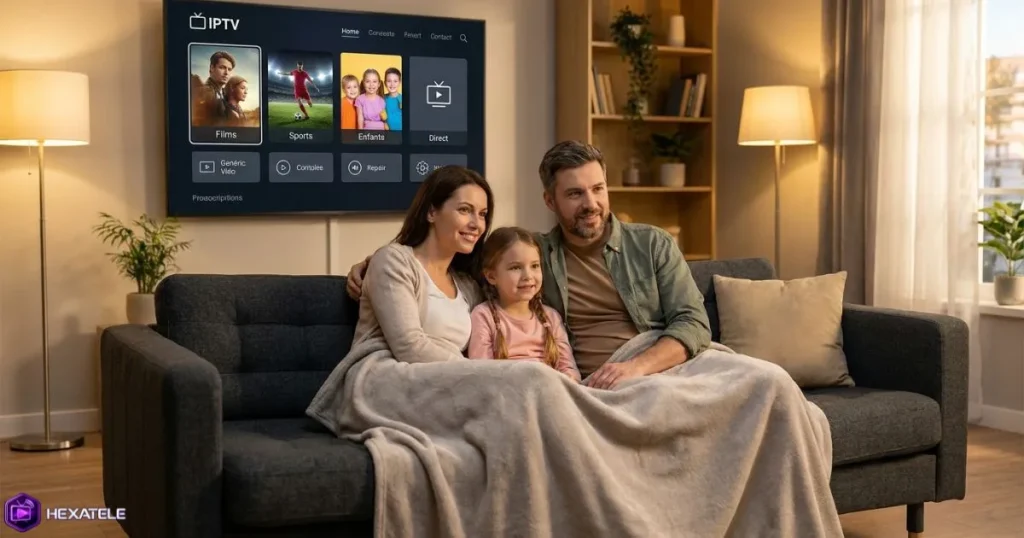 Famille regardant un abonnement IPTV premium sur Smart TV dans un salon lumineux