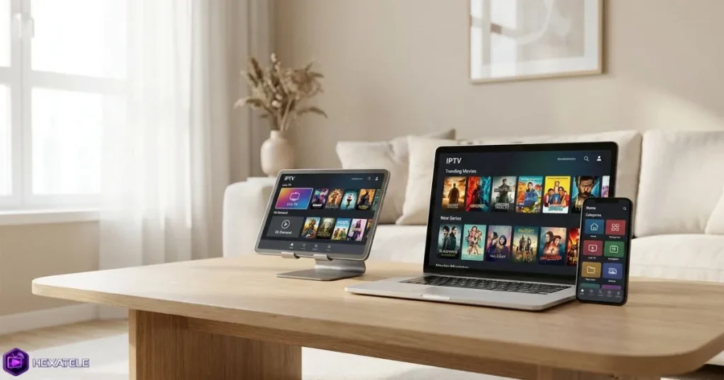 Schéma visuel de l'IPTV multi connexion sur plusieurs appareils dans un foyer moderne