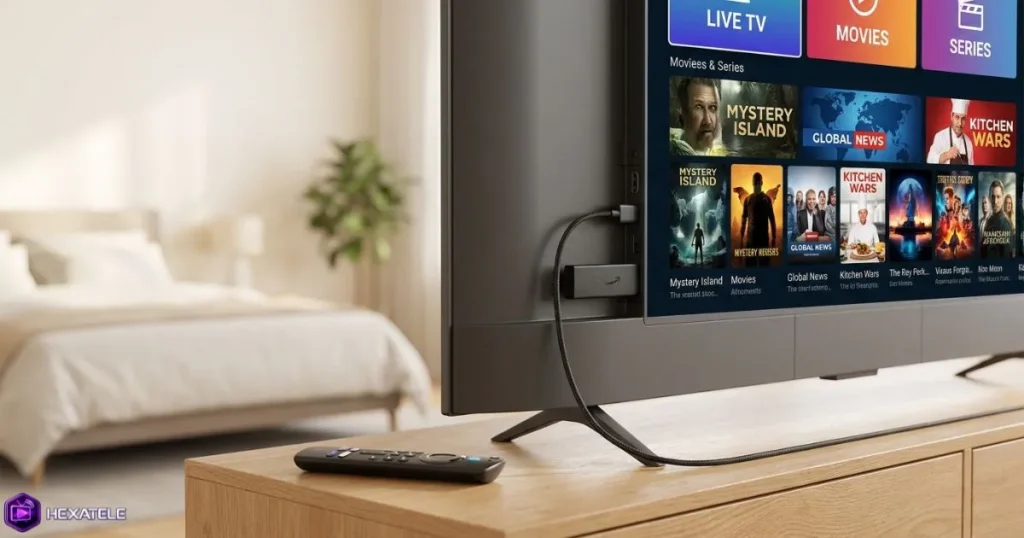 Installation de l'IPTV sur Fire Stick connecté à une Smart TV dans une chambre moderne