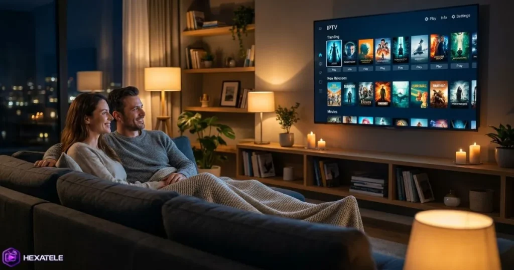 Couple regardant un film en streaming IPTV famille sur Smart TV dans un salon moderne le soir