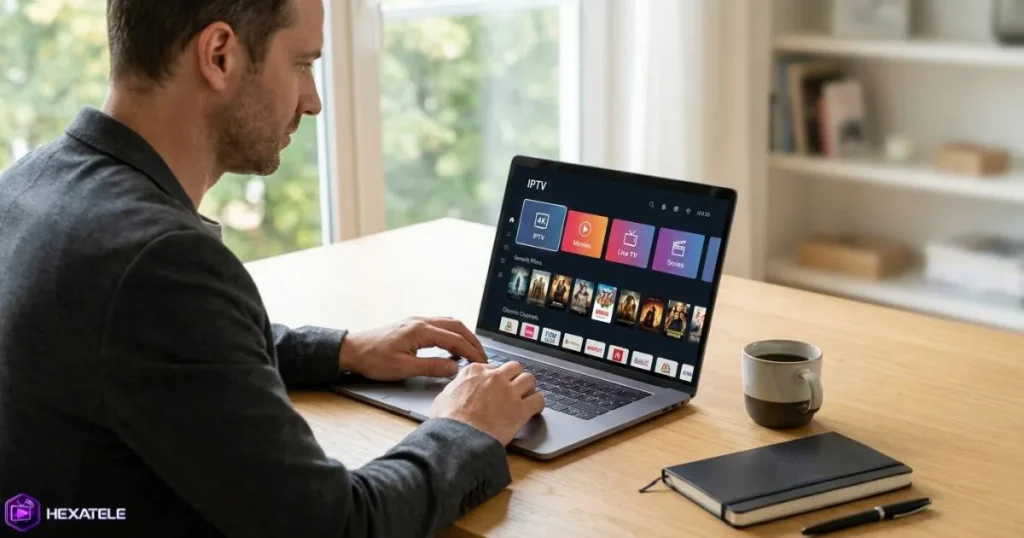 Comparaison IPTV - homme évaluant plusieurs abonnements sur ordinateur portable