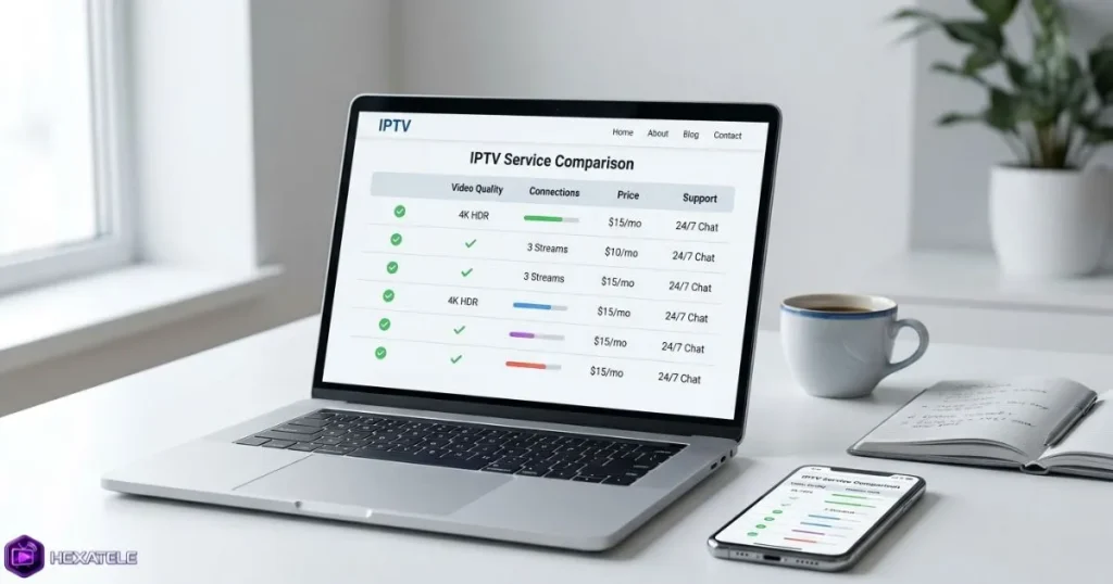 Comparaison des offres IPTV sur un écran d'ordinateur portable avec tableau de critères