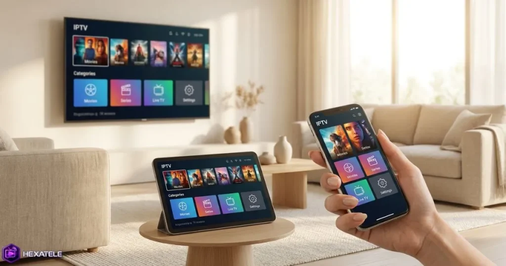Abonnement IPTV flexible compatible Smart TV tablette et smartphone dans un intérieur moderne