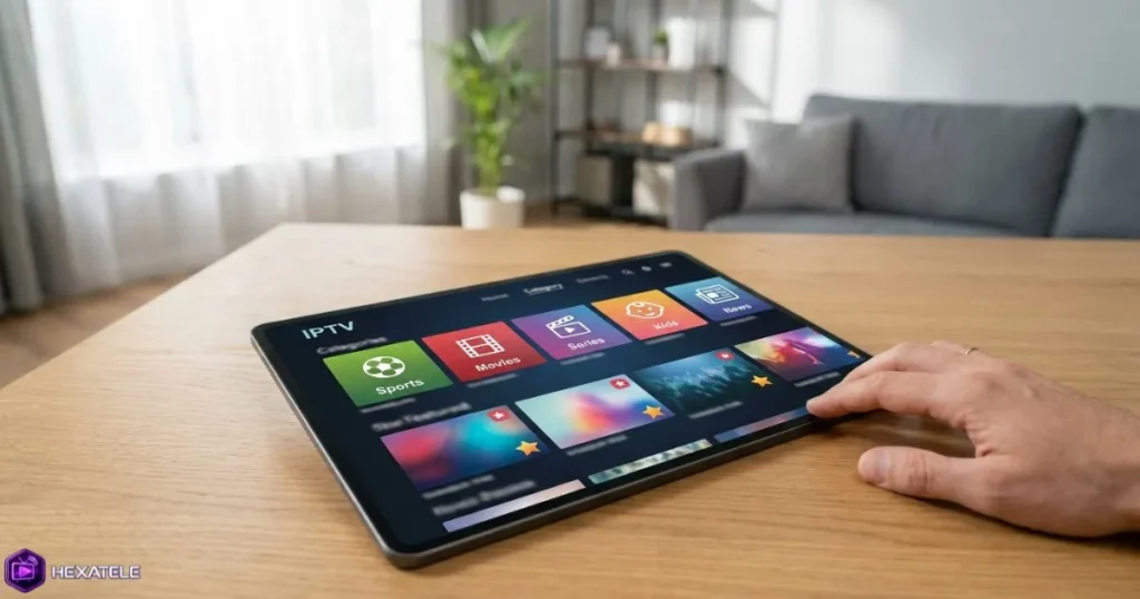 Organisation des chaînes IPTV par catégories sur une tablette posée sur une table