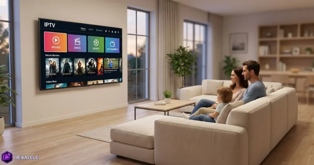 rapport qualité prix IPTV : famille qui regarde un contenu en streaming sur Smart TV