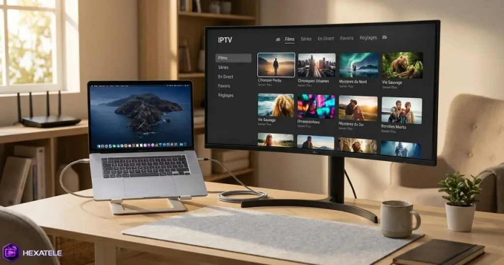 Expérience IPTV macOS optimale avec MacBook connecté en Ethernet sur grand écran