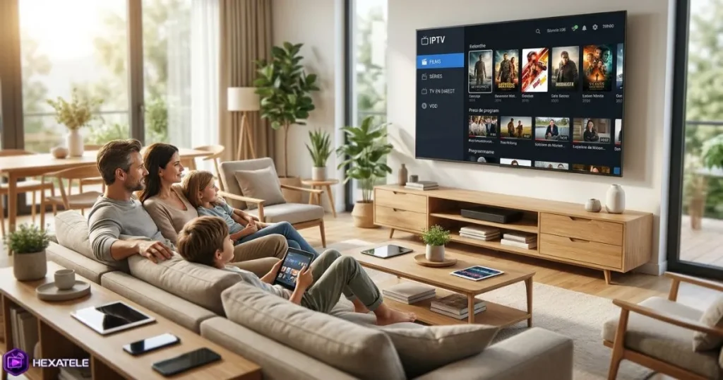 Offre IPTV stable utilisée en famille sur une télévision connectée avec interface IPTV moderne.
