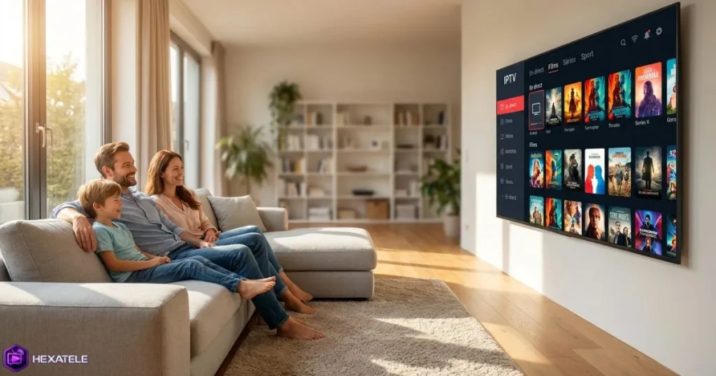 Renouveler abonnement IPTV - famille devant Smart TV avec interface streaming générique