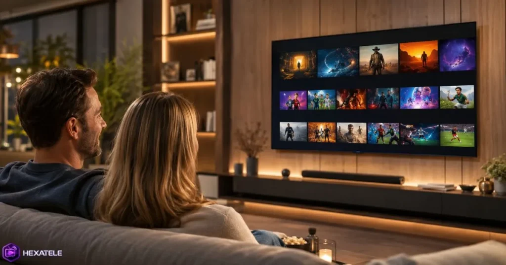 Forfait IPTV premium testé gratuitement sur une Smart TV dans un salon familial