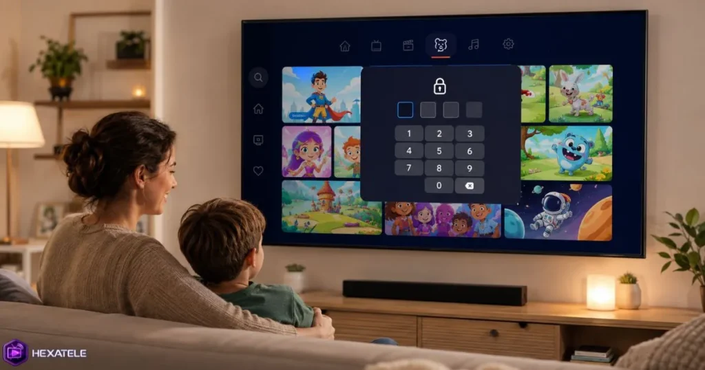 Famille utilisant le contrôle parental IPTV sur Smart TV dans le salon