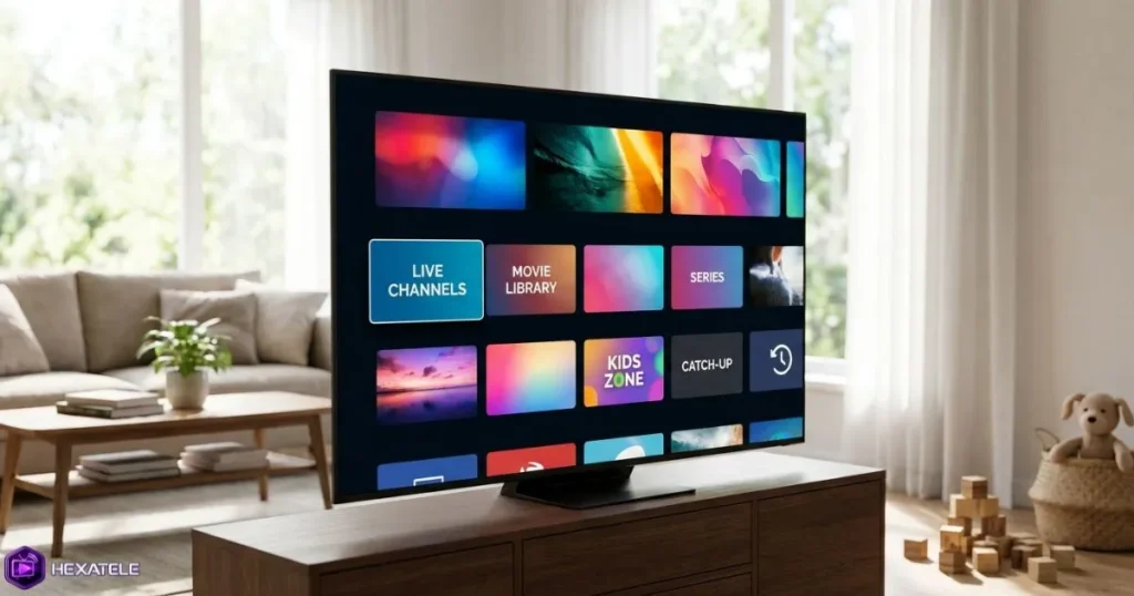 Interface d'une offre IPTV familiale sur Smart TV dans un salon moderne