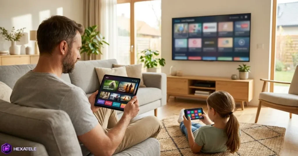 IPTV multi utilisateur : père sur tablette, enfant sur smartphone, mère sur Smart TV dans la même pièce