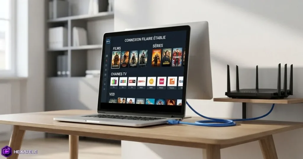 Regarder IPTV sur PC avec une connexion Ethernet pour une lecture fluide.