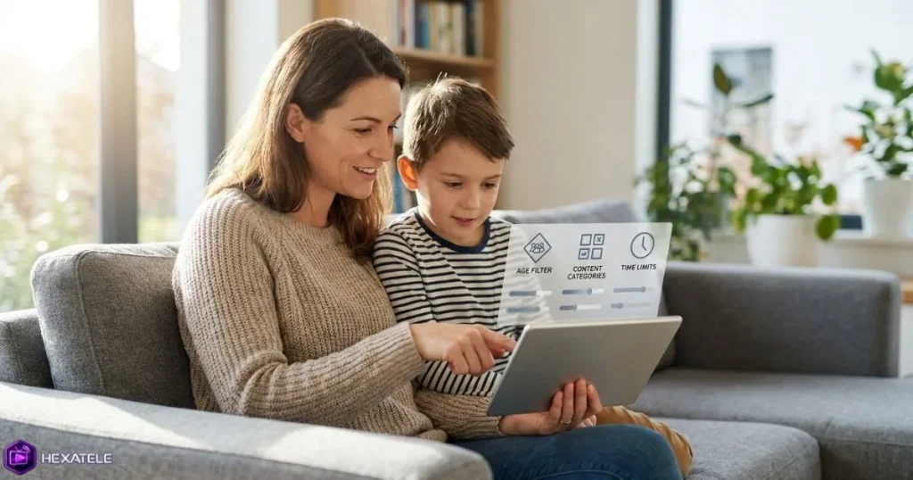 Parent configurant le contrôle parental IPTV sur une tablette à côté de son enfant